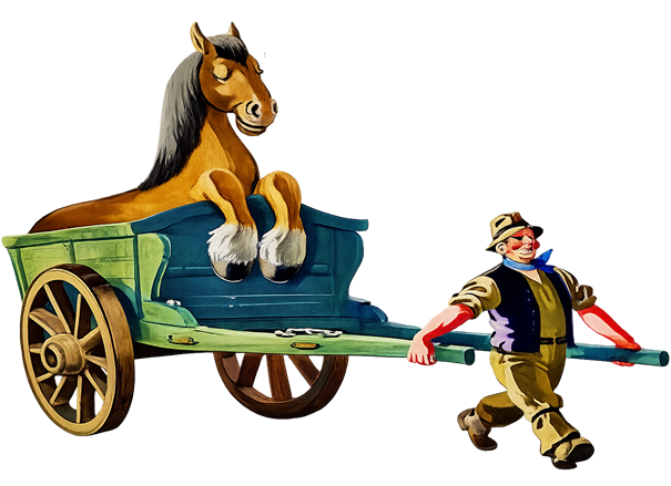 Horse riding in a wagon pulled by a man
